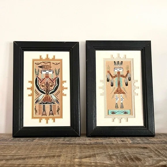 Genuine Navajo Sand Painting signed set of 2 - Picture 1 of 7